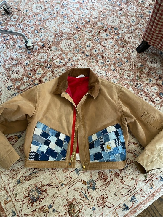 Carhartt Other - Carhartt Tan Canvas Jacket with Red Lining and Blue Patchwork Pockets